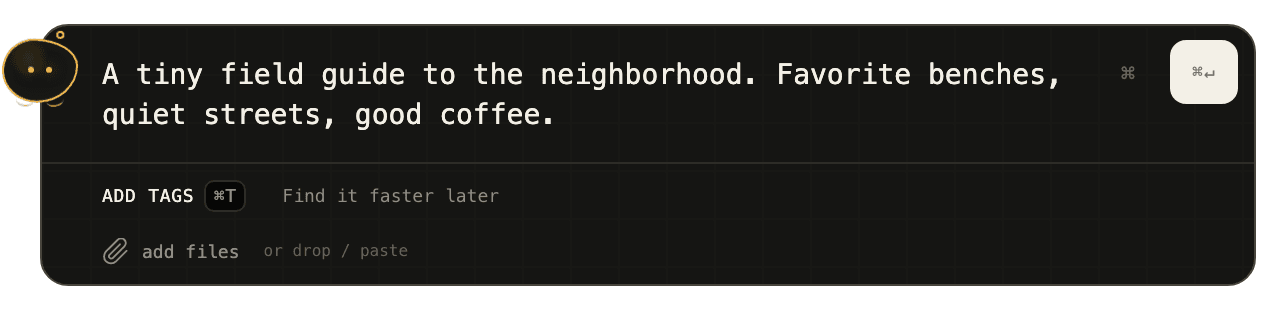 Brain Cache’s compact capture panel with Blob, a sample thought, and optional tag and file controls.