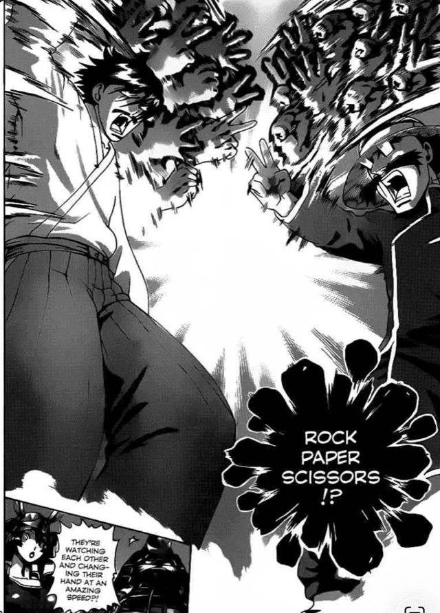 Two martial arts masters rapidly change hand signs during rock-paper-scissors in Kenichi: The Mightiest Disciple.
