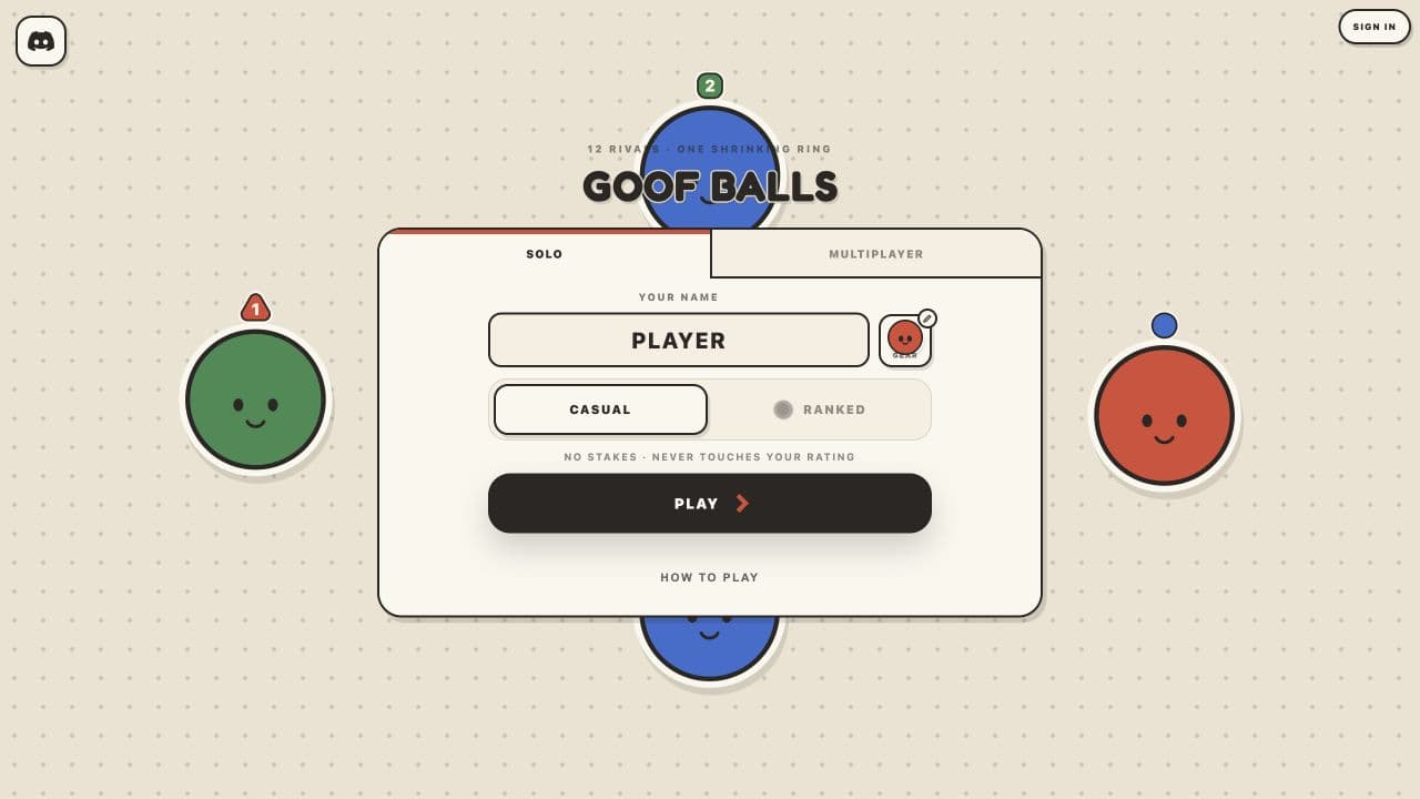 Goof Balls’ start screen with solo casual and ranked choices, a multiplayer tab, and a Play button.