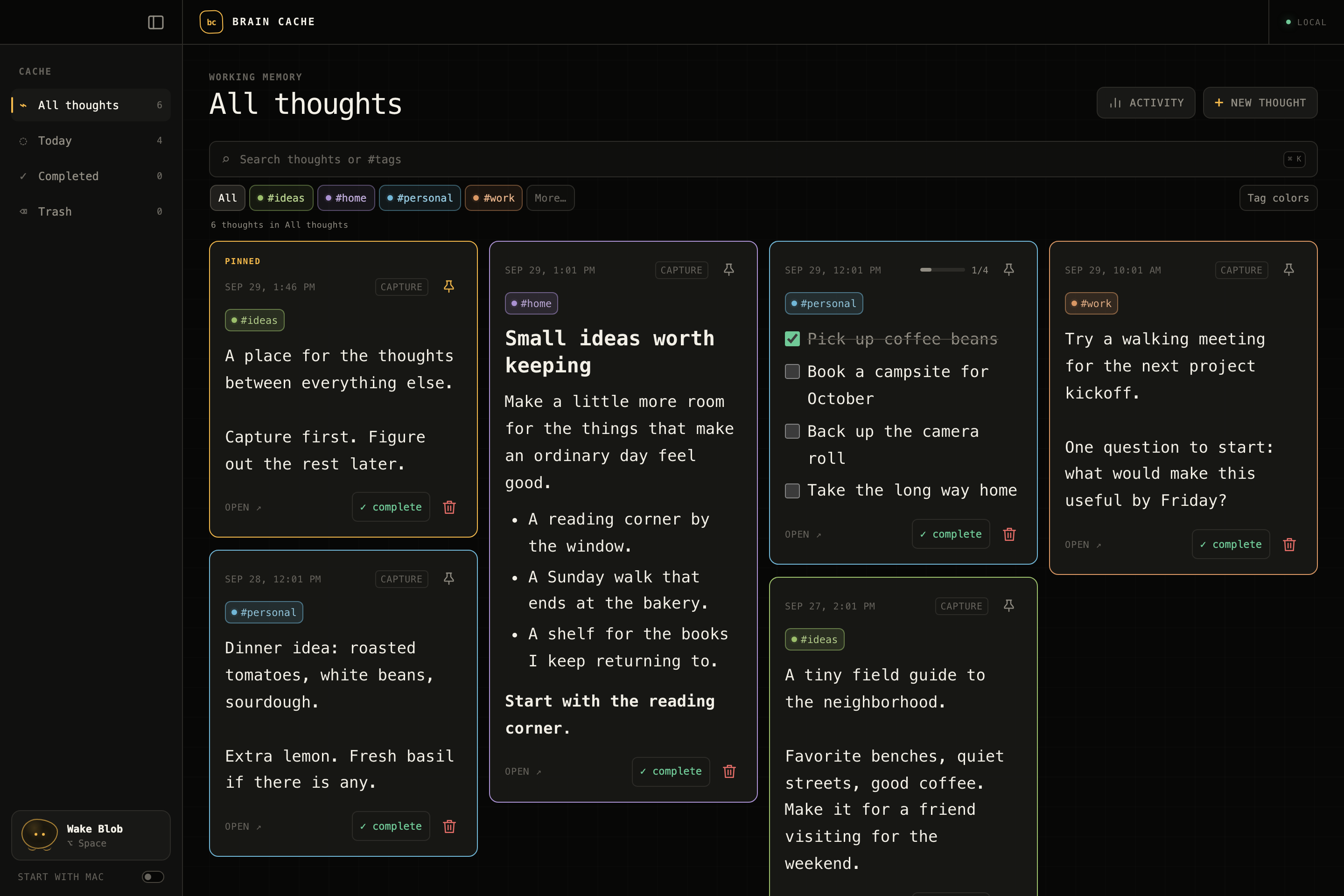 Brain Cache’s library opens a sample note for a closer look, then returns to the same notes and checklists.