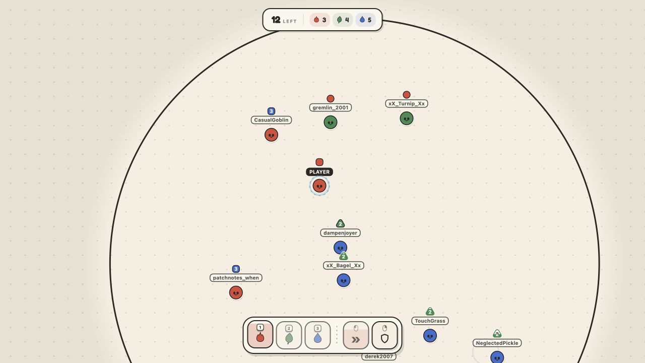 A real Goof Balls solo casual match showing element switches, rush, shield, and the shrinking arena.