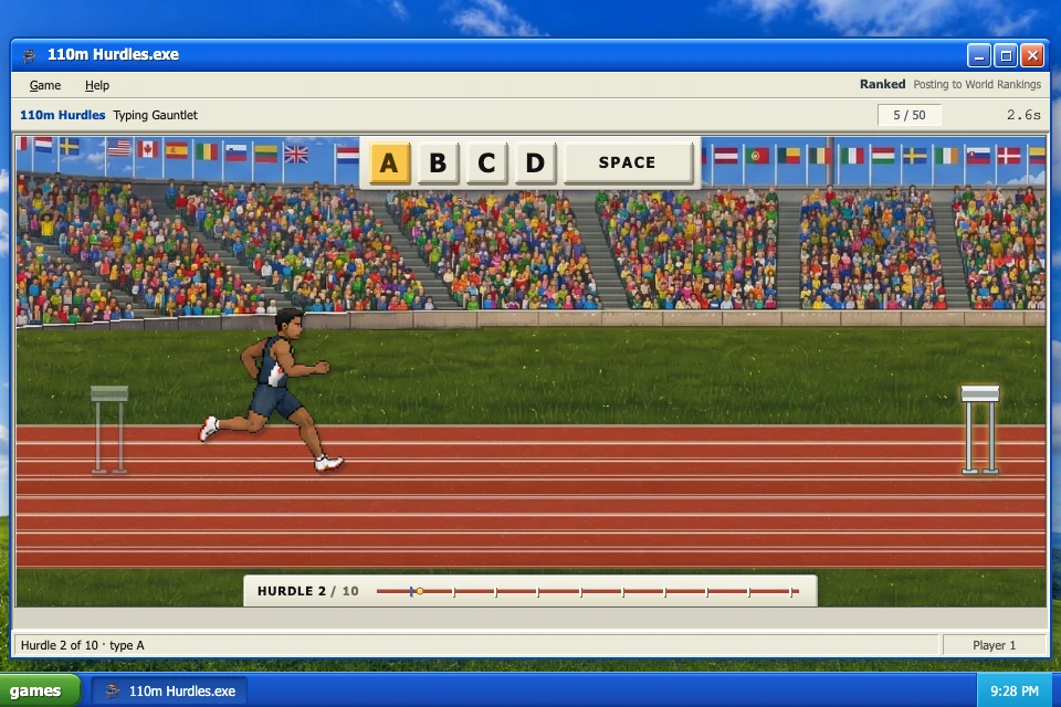 A runner clears hurdles in the 110m Hurdles typing event inside a retro desktop window.